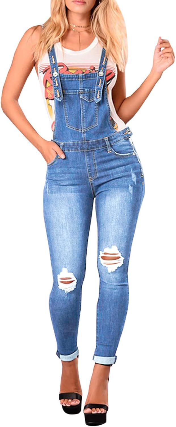 LONGBIDA Skinny Ripped Jeans Denim Jumpsuit Overalls For Women
