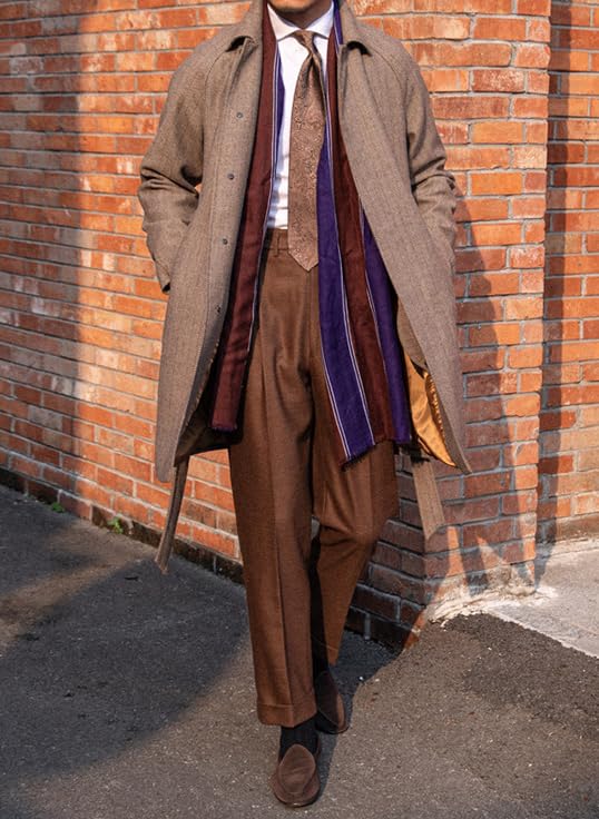 HZUOU Men's Woolen Trench Coat Regular Fit Herringbone Tweed Belted Peacoat for Work Single Breasted Mid Long Jacket UOU374