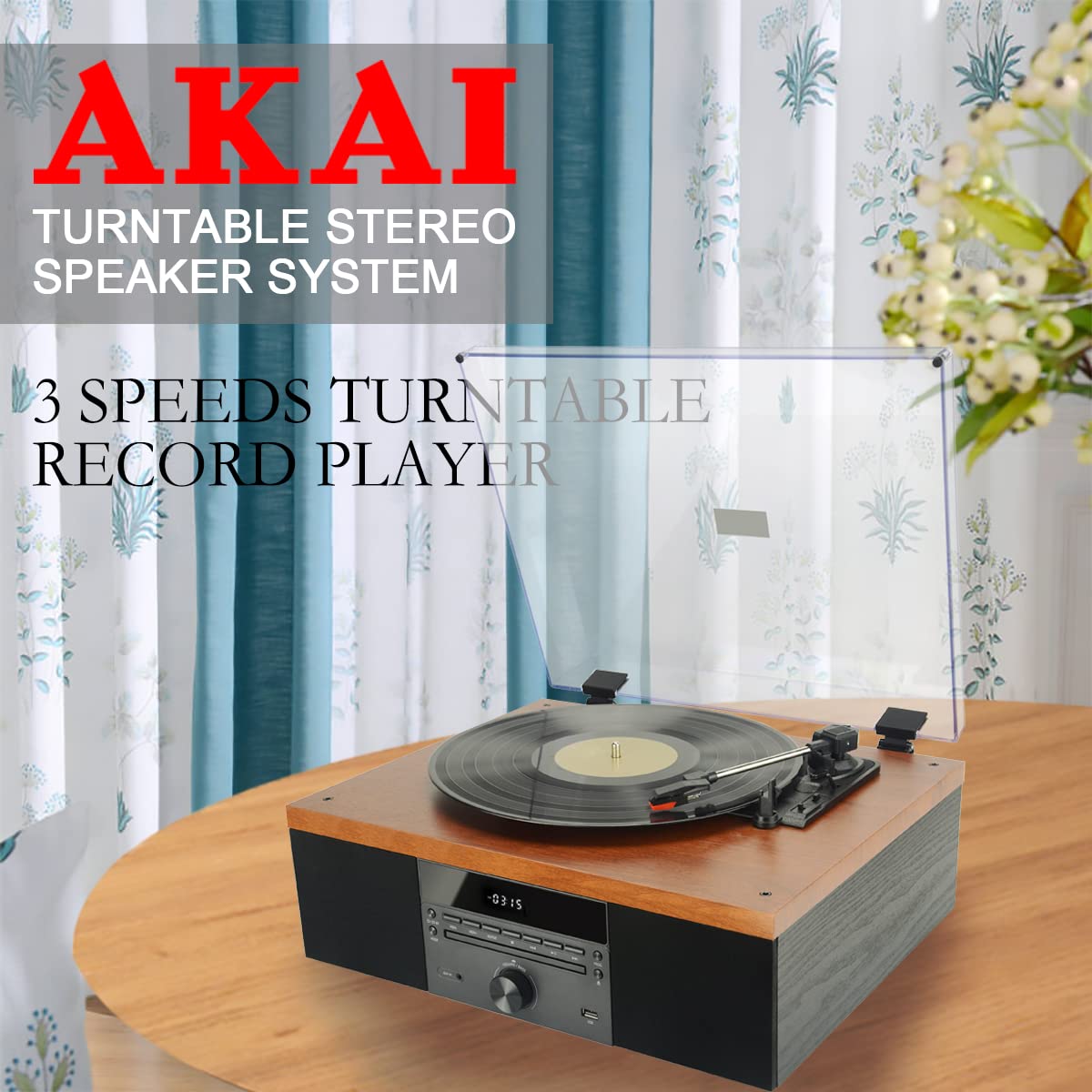 AKAI Plattenspieler Holz Schallplattenspieler mit Boxen Stereo-Lautsprecher für Vinyl Schallplatten CD-Player Abspielgerät, Bluetooth FM-Radio, USB Riemenantrieb Vintage Turntable