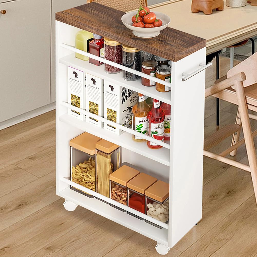 Shally Dogan Slim Design Industrial Kitchen Storage Trolley, Multi-Purpose Space-Saving Trolley with 4 Shelves and 360° Movable Wheels, Shelving Unit 50 x 16 x 80 cm (White)