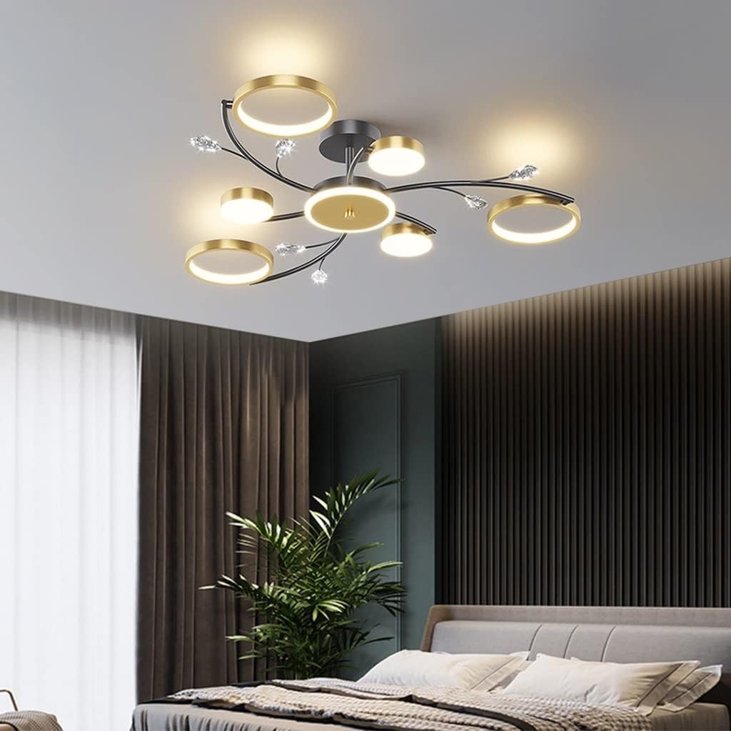 SjEng Modern LED Ceiling Light, Dimmable Flush Mount Chandelier with Crystal Accents, Variable Intensity Creative, Black and Gold Design for Living Room Bedroom Restaurant(7-Lights)