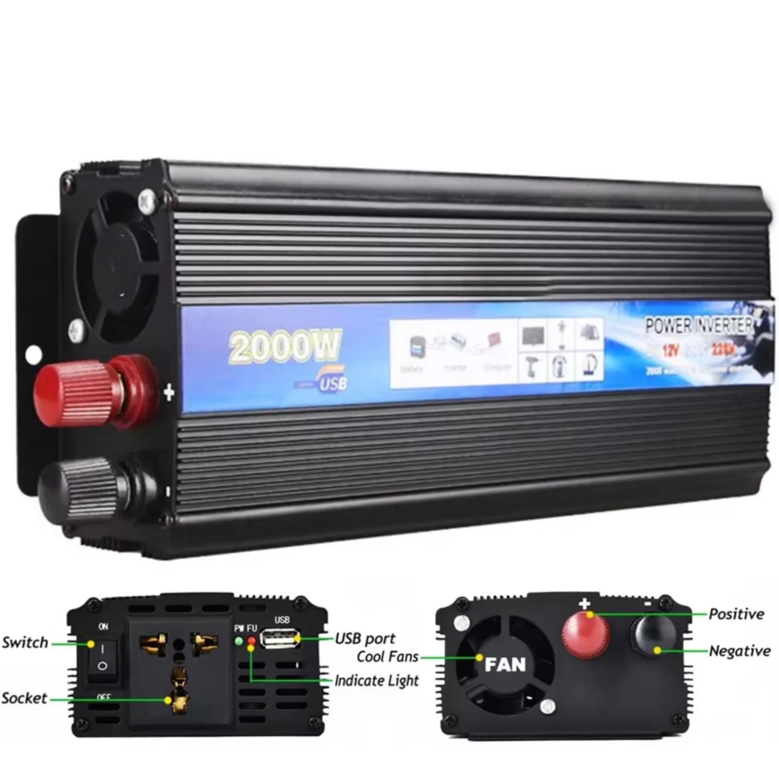 Inverter Onda Pura Inverter Inverter Auto 12V 220V Inverter Di Potenza 1000W/2000W Convertitore Di Tensione Auto Da CC A CA Da 12V A 220V(1000W)