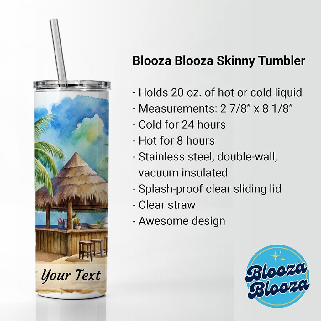 Personalized Custom Name Text Beach Resort Tropical Scene With Tiki Bar Skinny Tumbler 20oz with Straw Insulated Water Bottle Gift - 1 Line Horizontal