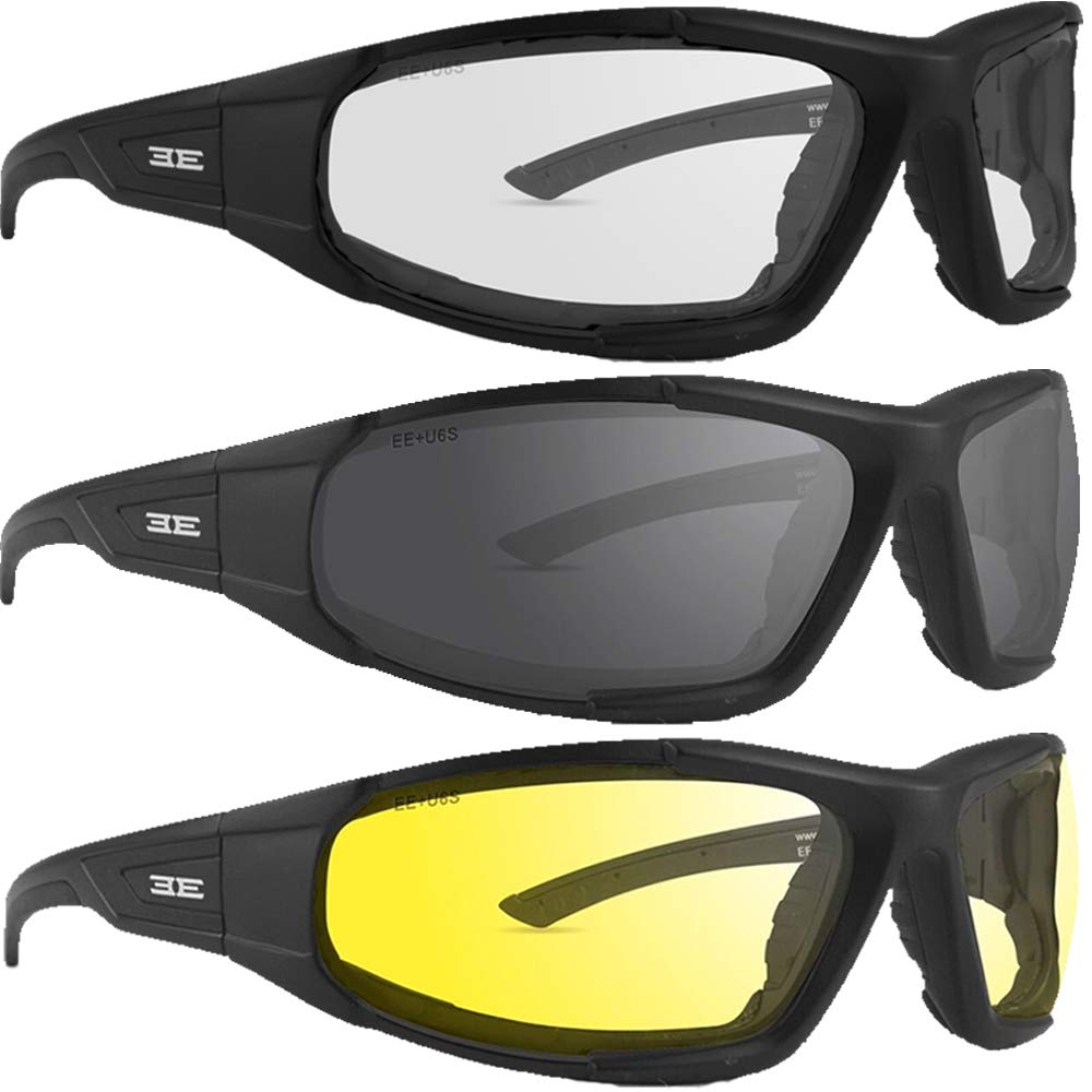 Epoch Eyewear Foam2 Padded Motorcycle Sunglasses 3 Pair Black Frames w/Smoke Clear & Yellow Lenses