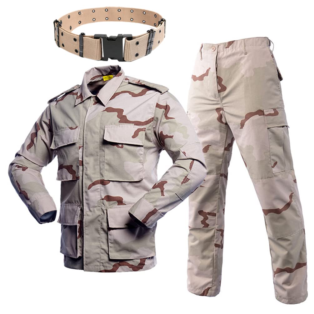 Abbigliamento mimetico da uomo, per attività all'aperto, camicia e pantaloni e cintura esterna, set da 3 pezzi, traspirante, resistente all'usura, trekking, militare, abbigliamento da caccia