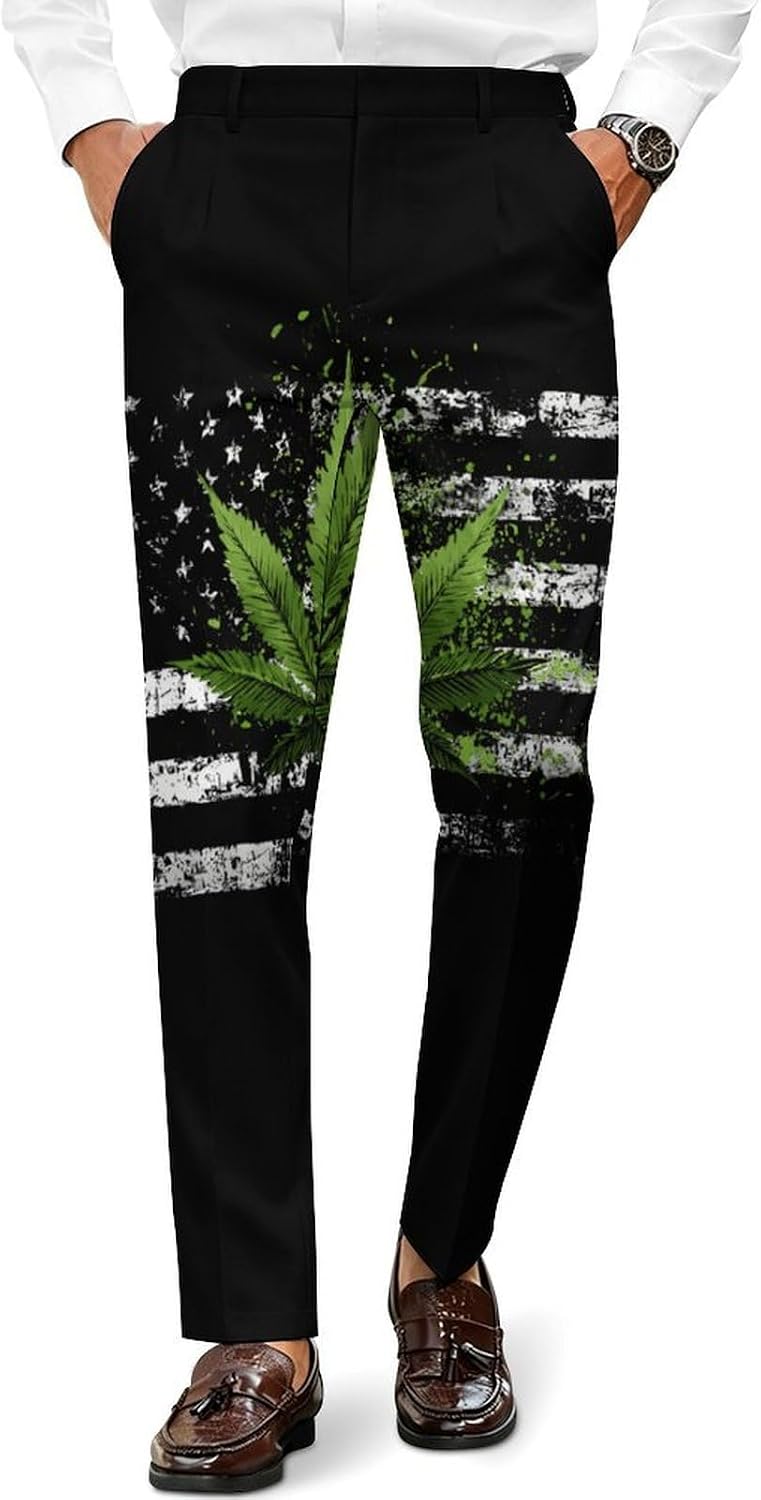 Weed1 U.S. Flag Novelty Men's Casual Pants Slim Fit Suit Dress Trousers