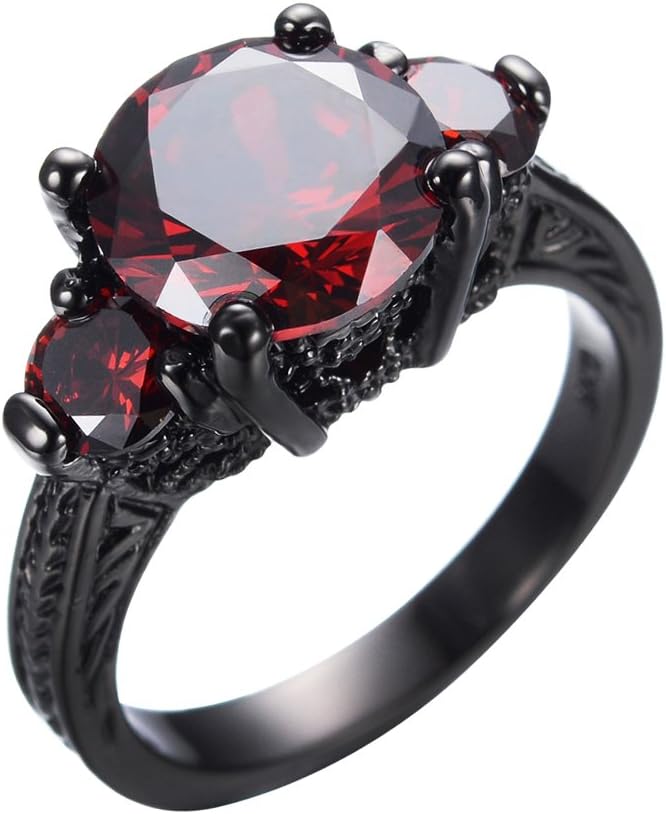 JunXinBlack Gold Round Cut Three-stone Ruby Diamond Ring Cubic Zirconia Size6/7/8/9/10