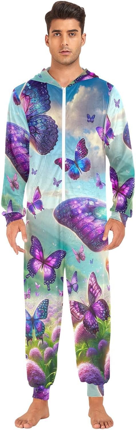 GAIREG Purple Butterflies Adult Womens Pajama Onesie, Plush Men Women Lounge Wear