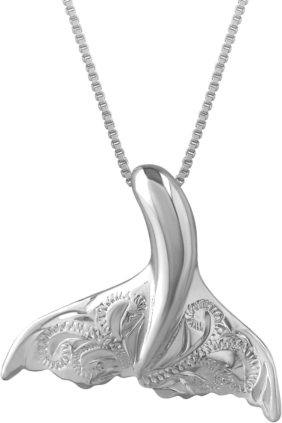 Sterling Silver Engraved Whale Tail Pendant Necklace, 16+2" Extender