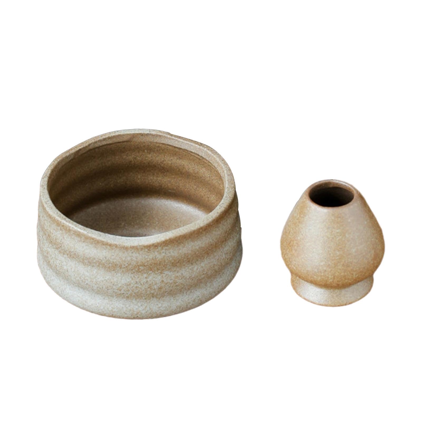 Bol Cérémonie Matcha Fait Main en Céramique et Porte-Fouet Accessoires Légers pour Onctuosité du Thé Adapté Moment Cadeaux Cuisine, Marron Clair Blanc