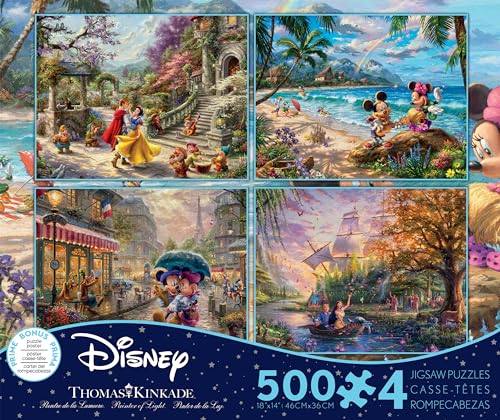 Ceaco - 4 in 1 Multipack - Thomas Kinkade - Disney Dreams Collection - Snow White, Mickey & Minnie Mouse, & Pocahontas - (4) 500 Piece Jigsaw Puzzles