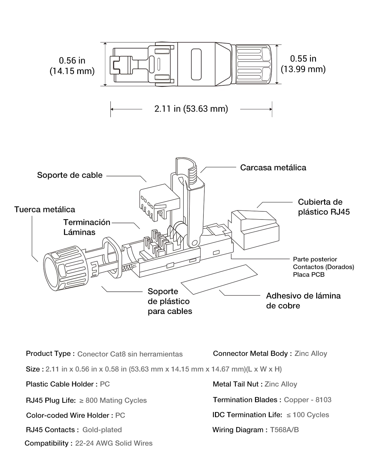 Wtyczka RJ45 bez narzędzi Cat8, 40 Gbit/s 2000 MHz, pozłacana wtyczka lan 50u bez narzędzi POE do kat. 7 kabel instalacyjny, ekranowana, wtyczka sieciowa cat 8, bez narzędzi, wielokrotnego