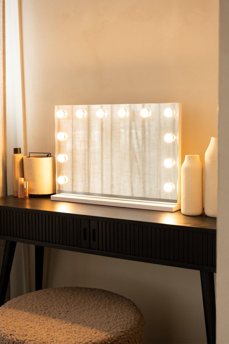 SensaHome Specchio da Trucco Pro - Specchio da Trucco Hollywood con 12 Lampade LED Dimmerabili, 3 Livelli di Luce, 46x58 cm - Bianco