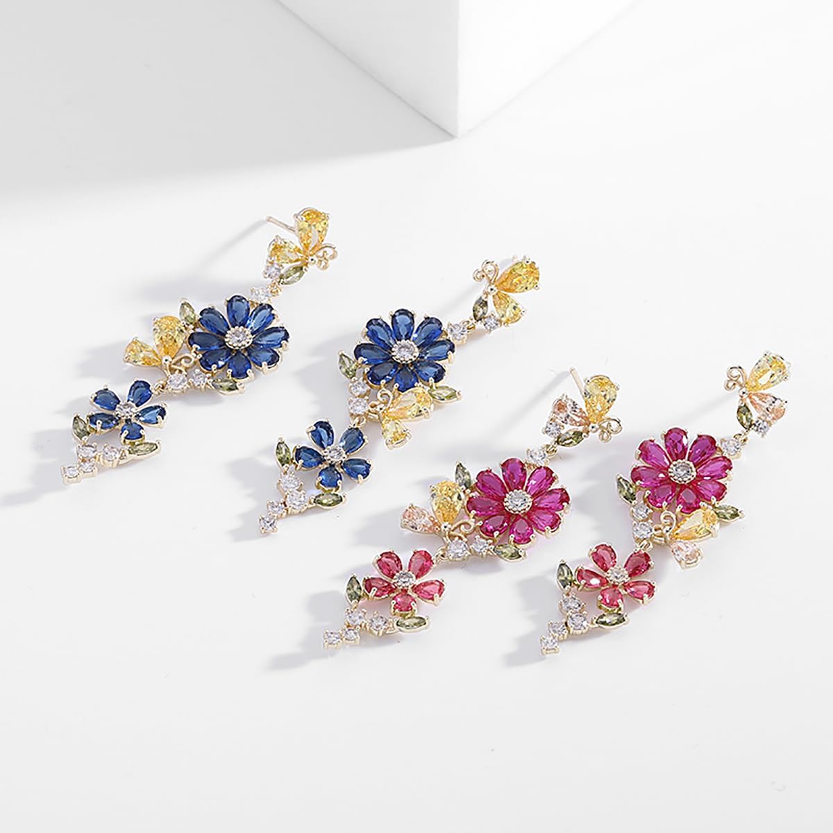 14K Gold Butterfly Flower Chandelier Earrings with Colorful Moissanite Tassels - Long Dangle Earrings for Women, Ideal for Daily Wear and as Birthday Gifts