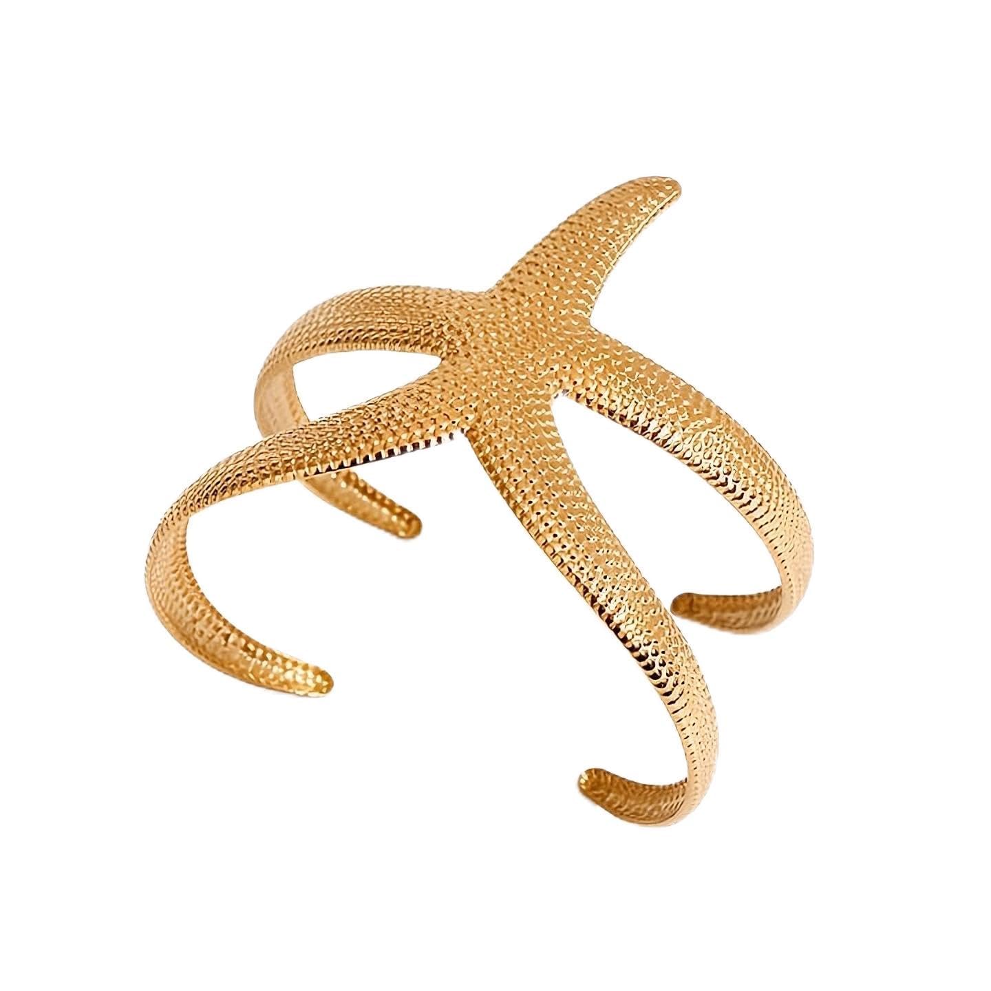 Genérico Brazalete Dorado de Estrella de Mar para Mujer - Diseño Elegante y Ajustable, Brazalete de Verano Grueso, Acero Inoxidable Baño de Oro, Ideal para Playa y Ocasiones Especiales, Pulsera dorada.