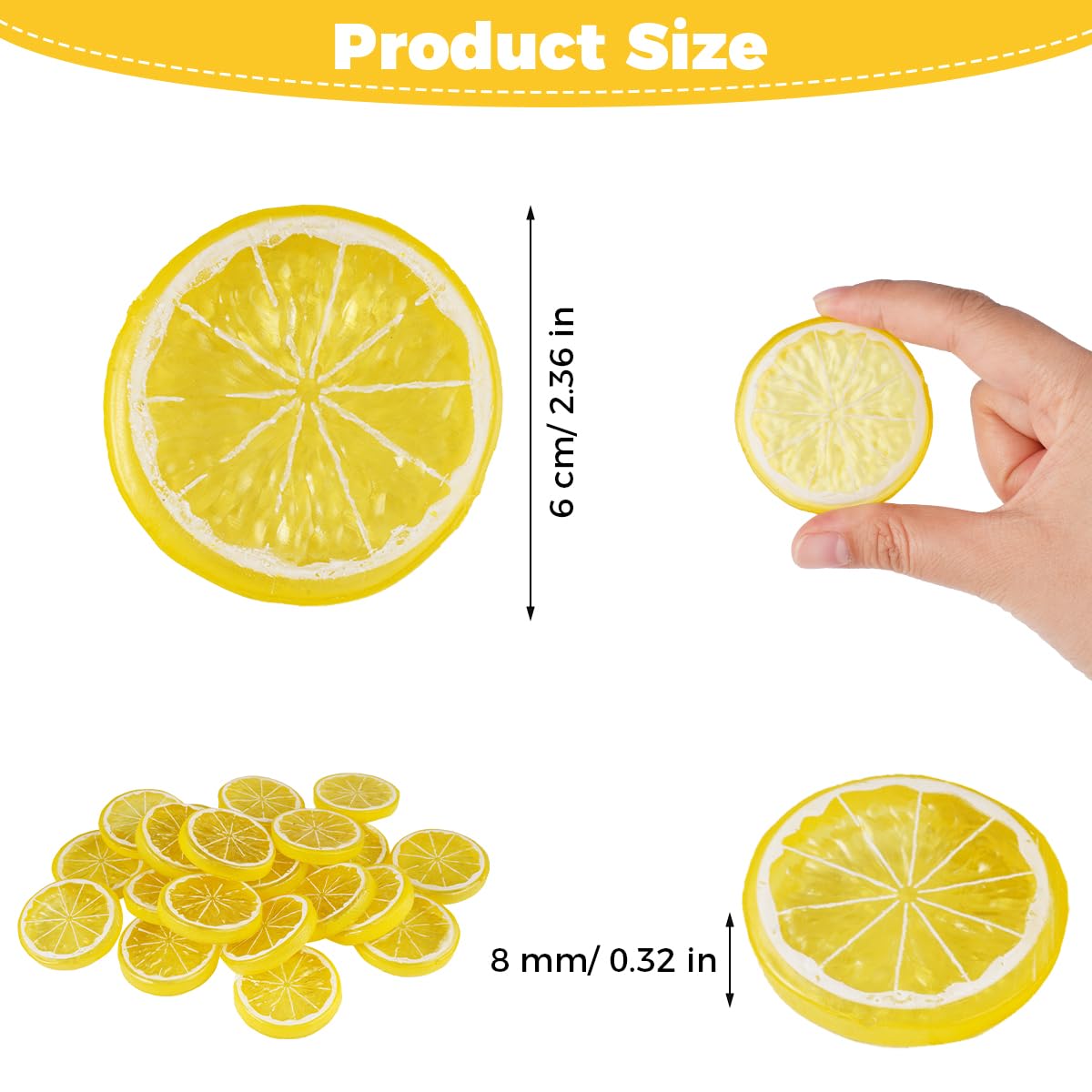 20 Piezas Rodajas de Limón de Plástico Artificiales, 6 cm x 8 mm, Rebanada Falsa del Limón, para Fiesta Cocina Boda Centro Mesa Manualidades DIY Accesorio Fotográfico (Amarillo)