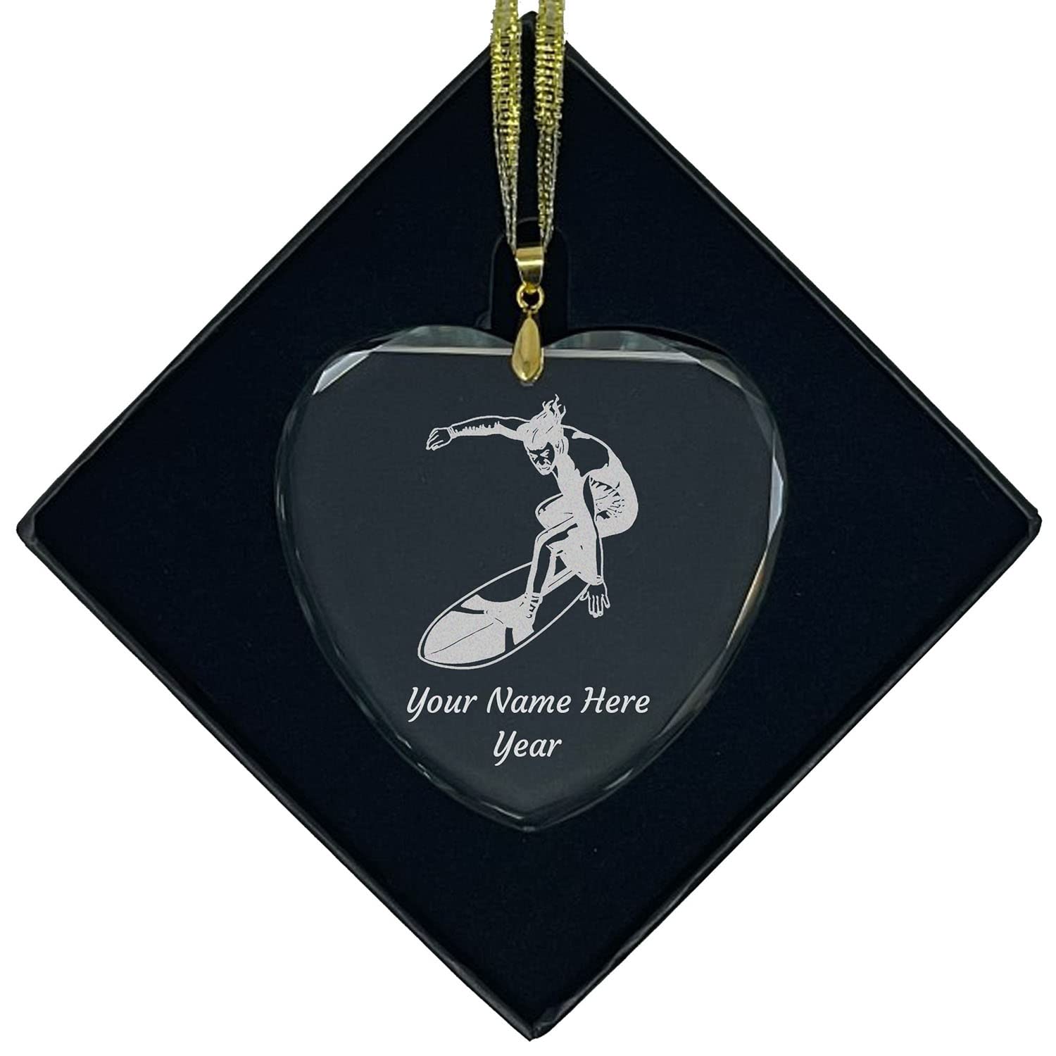 LaserGram Personalized Glass Christmas Ornament,Surfer Man, Custom Laser Engraved Gift Idea (Heart Shape)