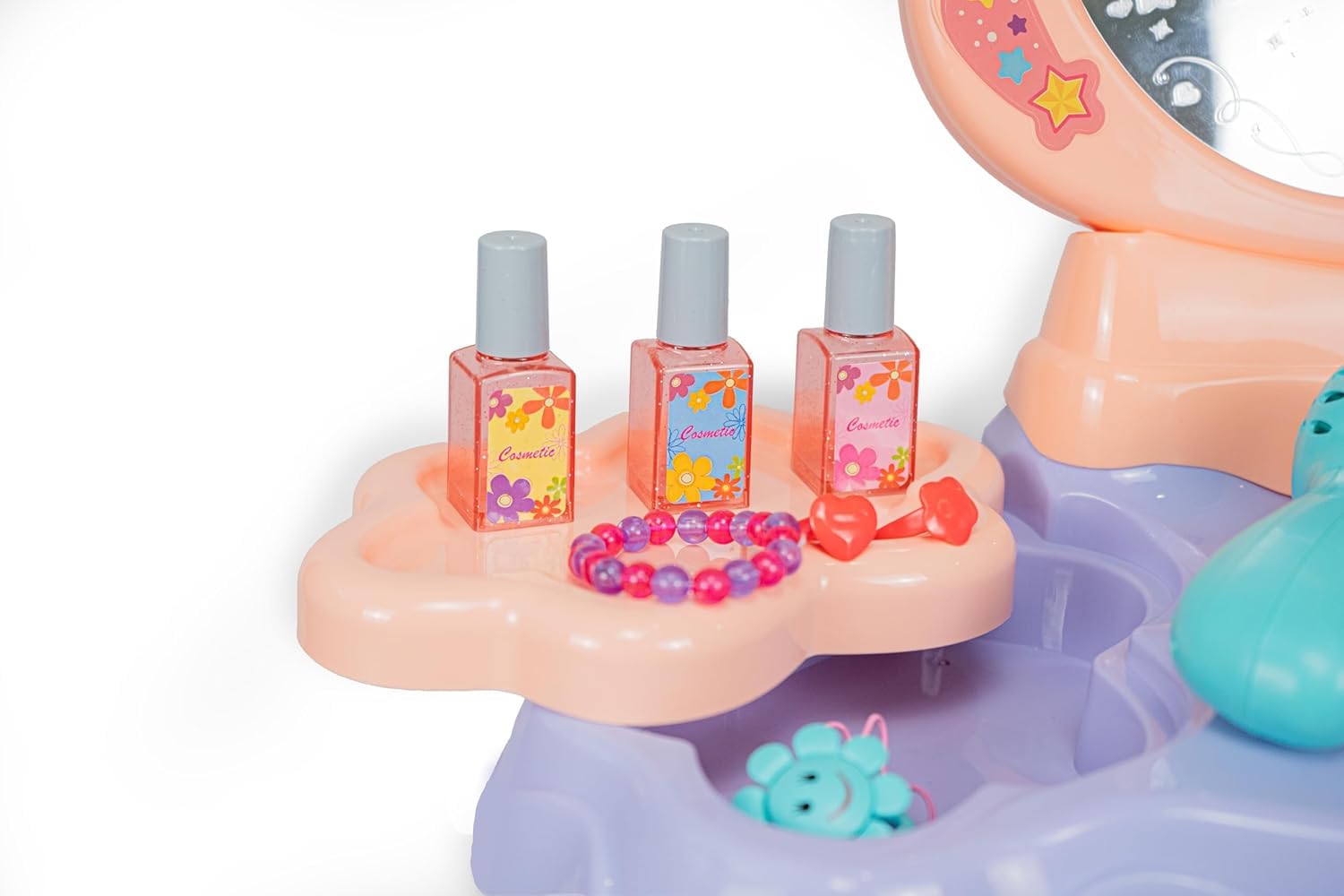 GalPat Baby - Tocador de Juguete niñas + Taburete - Incluye secador electrico + Accesorios - Espejo con música y Luces - Varita Mágica - Incluye 27 Piezas