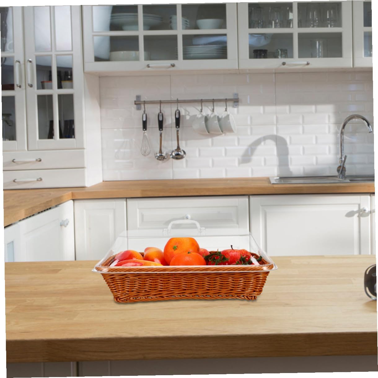 Alipis Hand-woven Rattan Fruit Basket with Lid 40x30x15cm, Multipurpose Kitchen Storage Basket for Bread, Picnic, and Food Serving in Brown