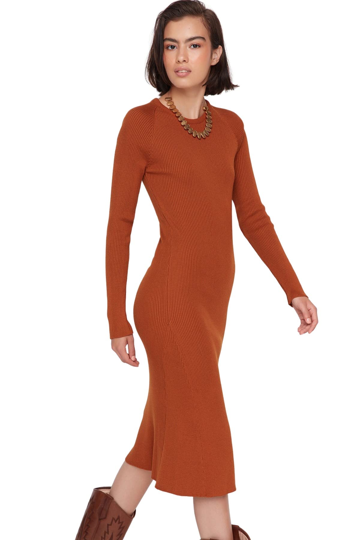 Trendyol Damen Camel Figurbetont Bodycon Rundhalsausschnitt Trikot Kleid, L