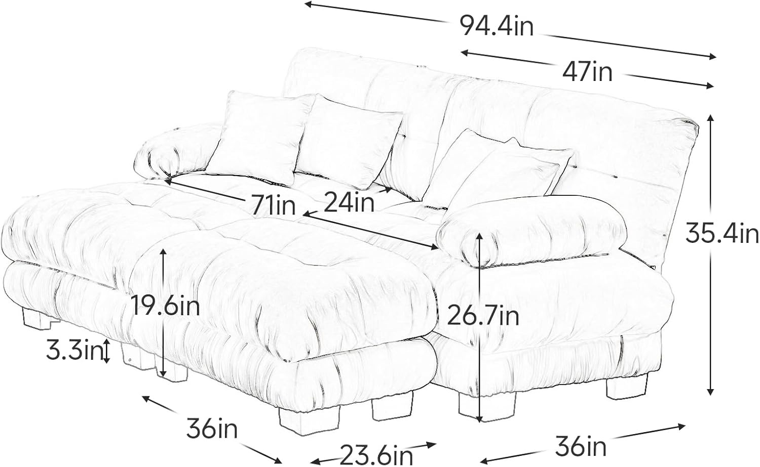 Detailed dimension diagram of the ALYIAMXL modular sectional sofa