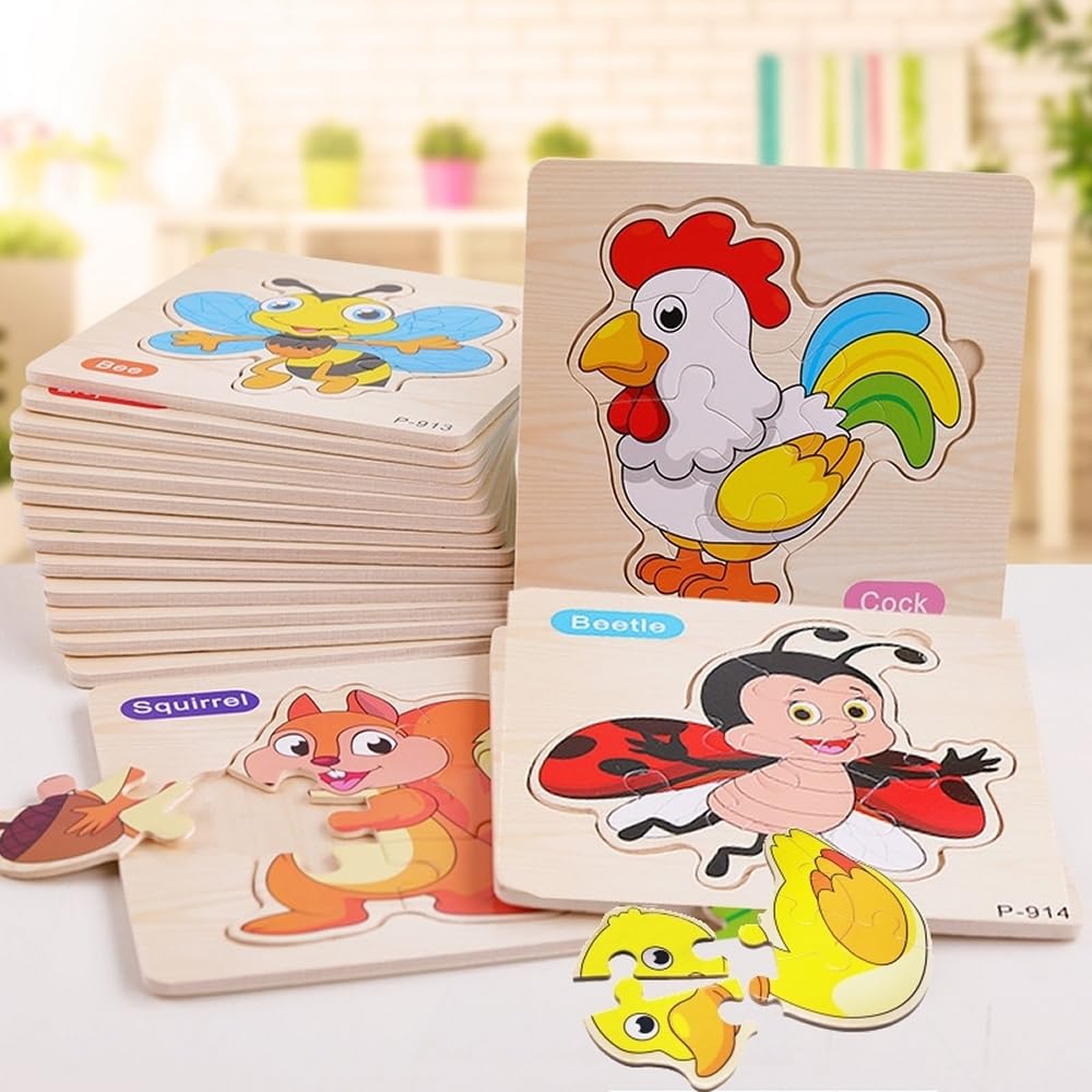 16 PCS Puzzle Madera Niños y Niñas 1, 2 años y 3, Detalles para Cumpleaños Infantiles y Guardería, Juguetes Montessori Educativos, Regalos Originales, Puzzles de Madera con Animales (16 Puzzles)