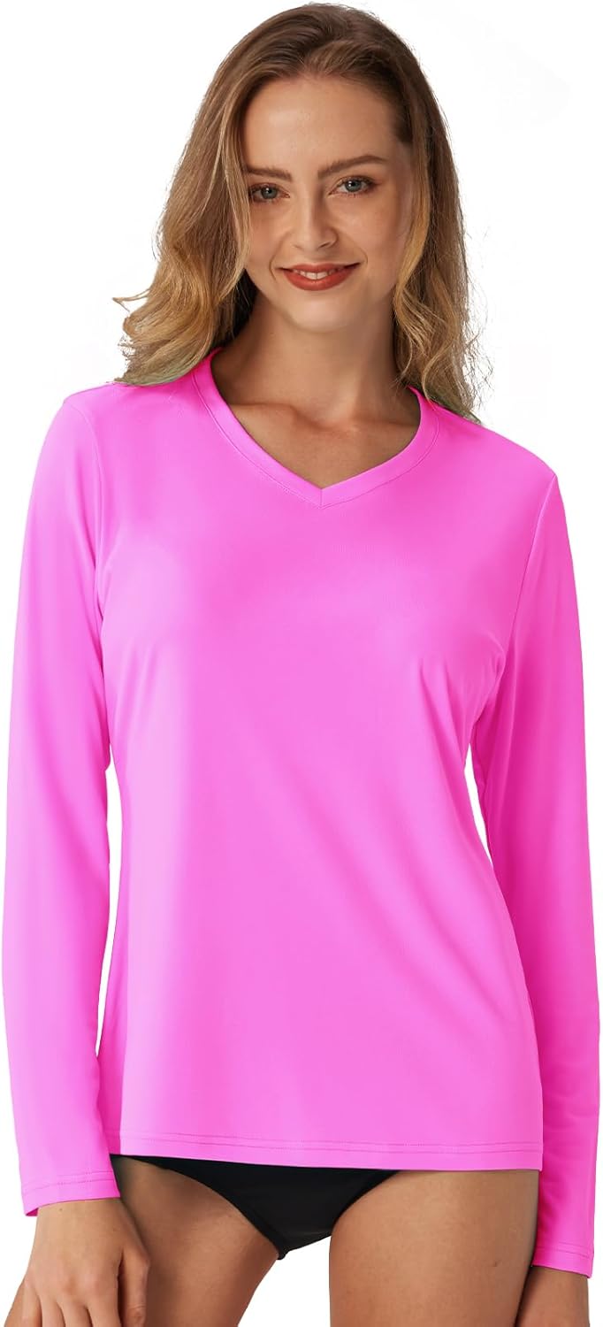Women's Standard V-Neck UPF 50+ Long Sleeve Swim Rash Guard Shirt Quick Dry Lightweight Moisture Wicking