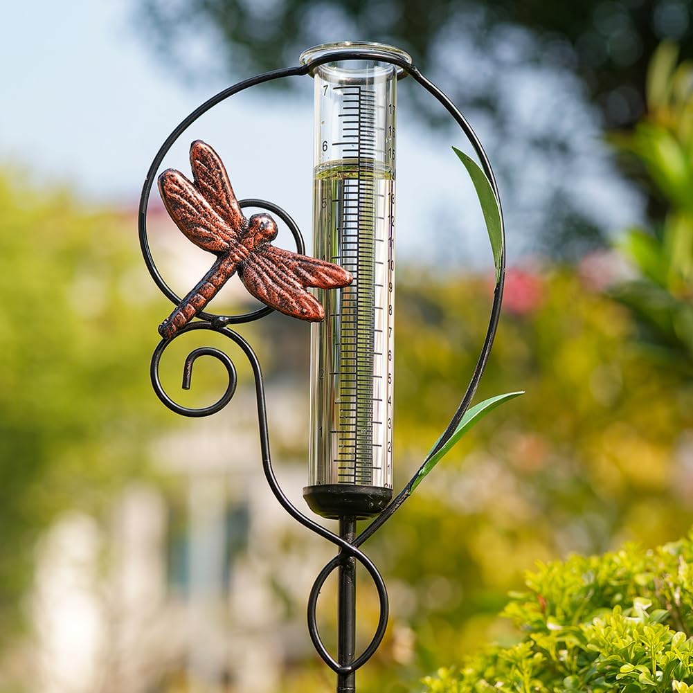 Dragonfly Rain Gauge Outdoor,Metal Rain Gauges Outdoors Best Rated with 7 inch Glass Tube,Decorative Rain Gauge with Garden Stake for Yard