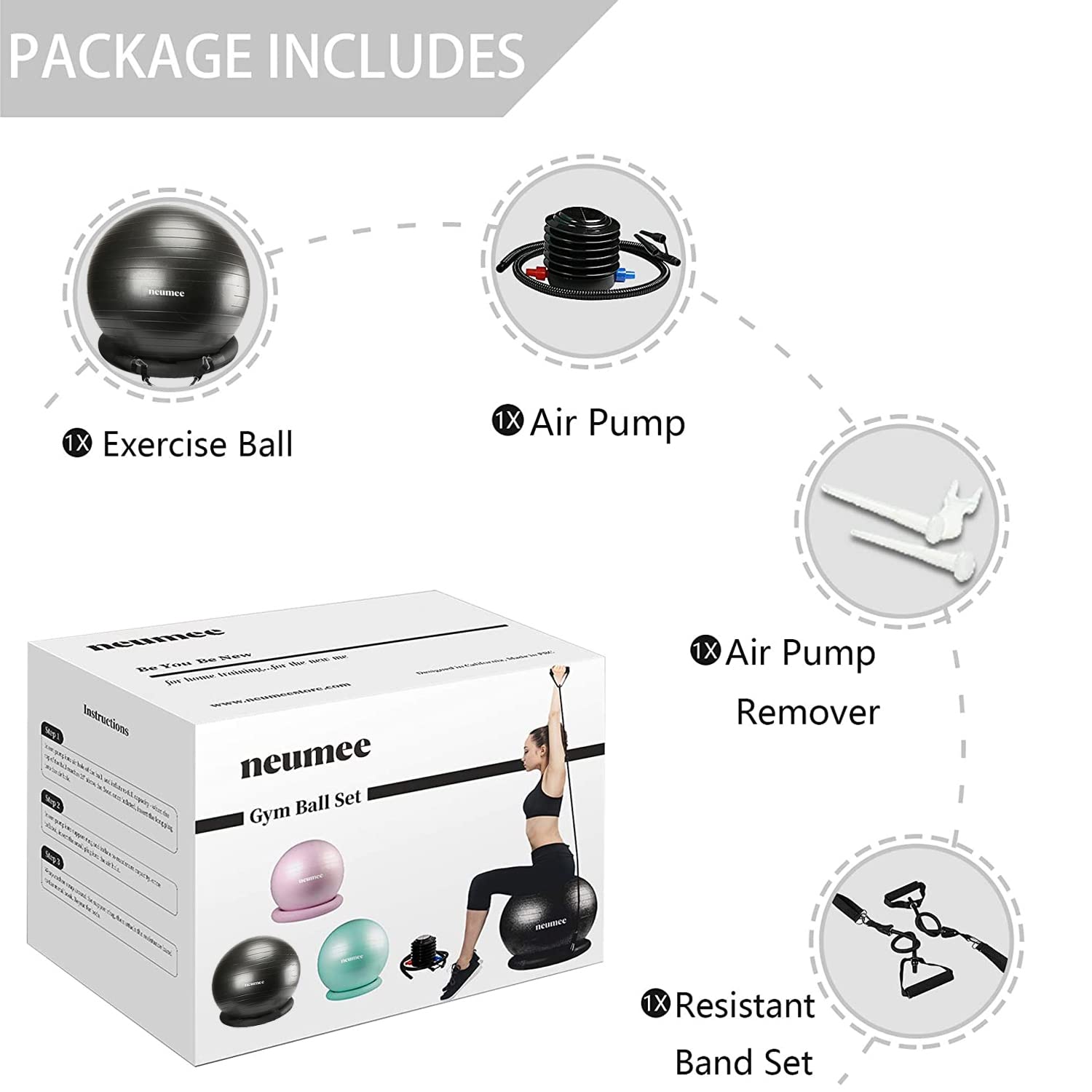 Sedia a sfera con fasce di resistenza, con base di stabilità, per palestra domestica, allenamento per fitness, grande dimensione 65 cm (nero)