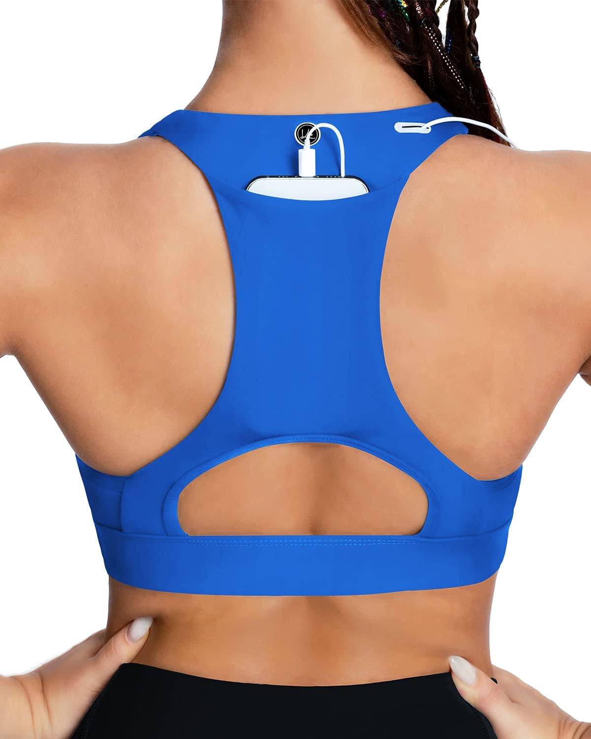 QUEENIEKE BareFlow Women's Sports Bras with Phone Pocket Medium Impact Padded Racerback Workout Gym Crop Top Running Yoga Bra