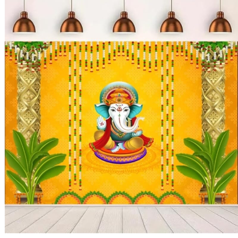 Image of Traditional Yellow Festival Decoration Backdrop with Floral Garlands and Festive Elements
