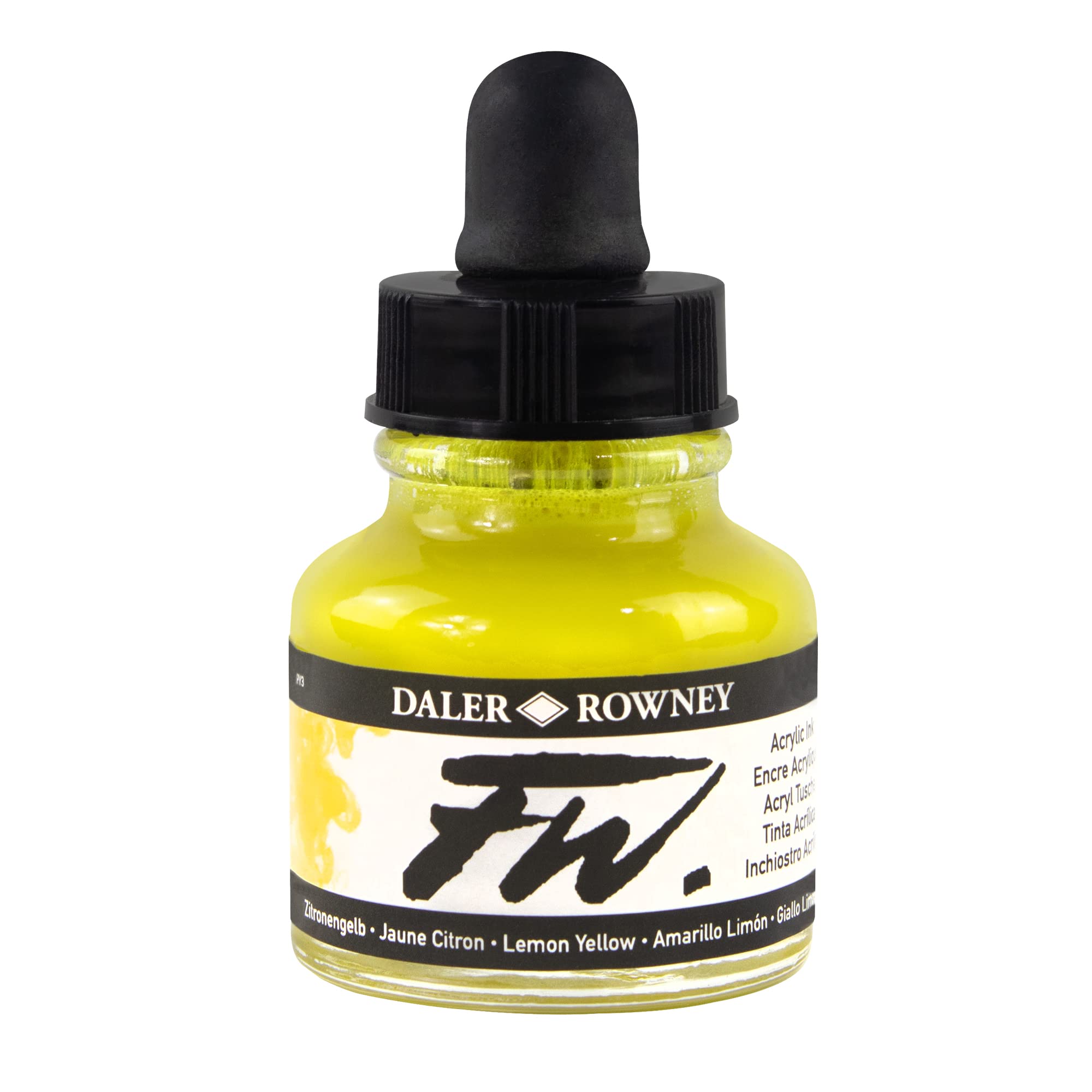Daler-Rowney FW Acrylic Ink, Glass Bottle with Dropper, 1oz - 29.5 ml, Lemon Yellow, 30 ml