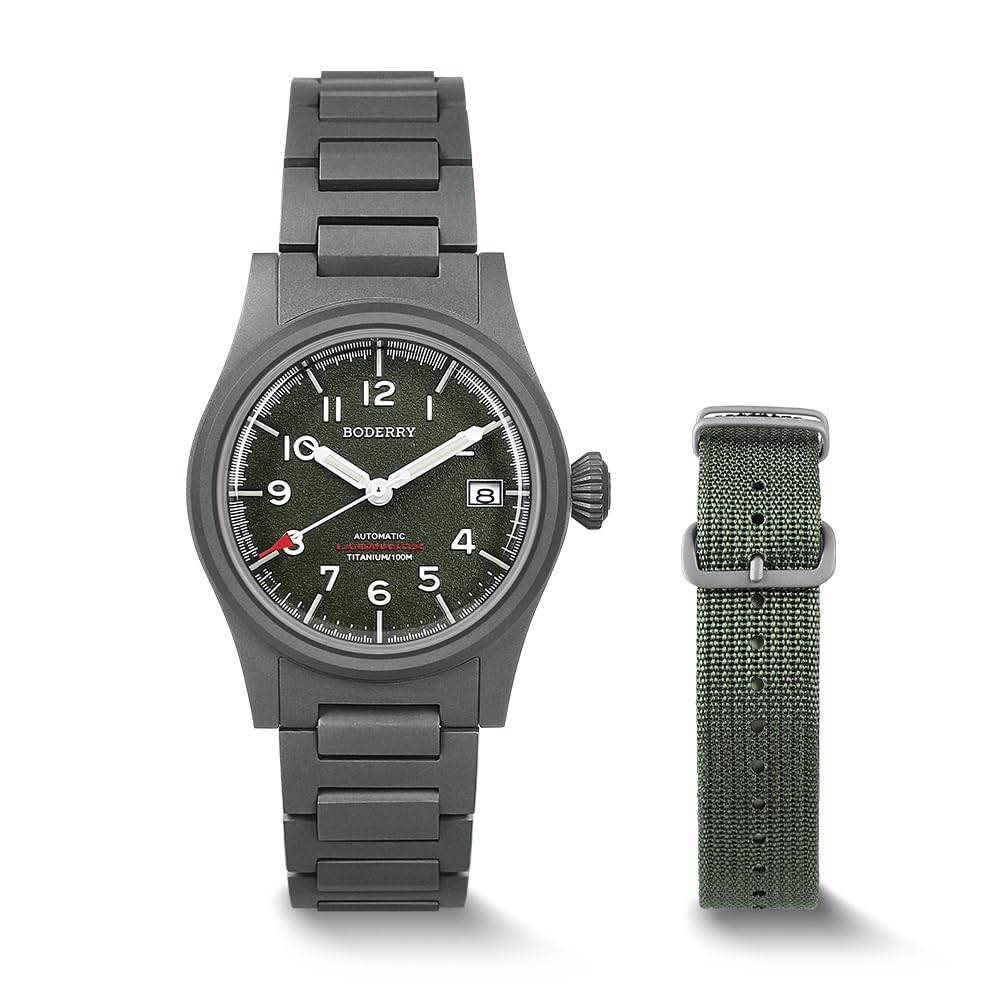 BODERRY Men's 38mm Titanium Watch, Automatic, Military, Day/Date Function, 100M Waterproof, Nylon Strap, Japanese NH35 Movement, Screw-Down Crown — LANDMASTER