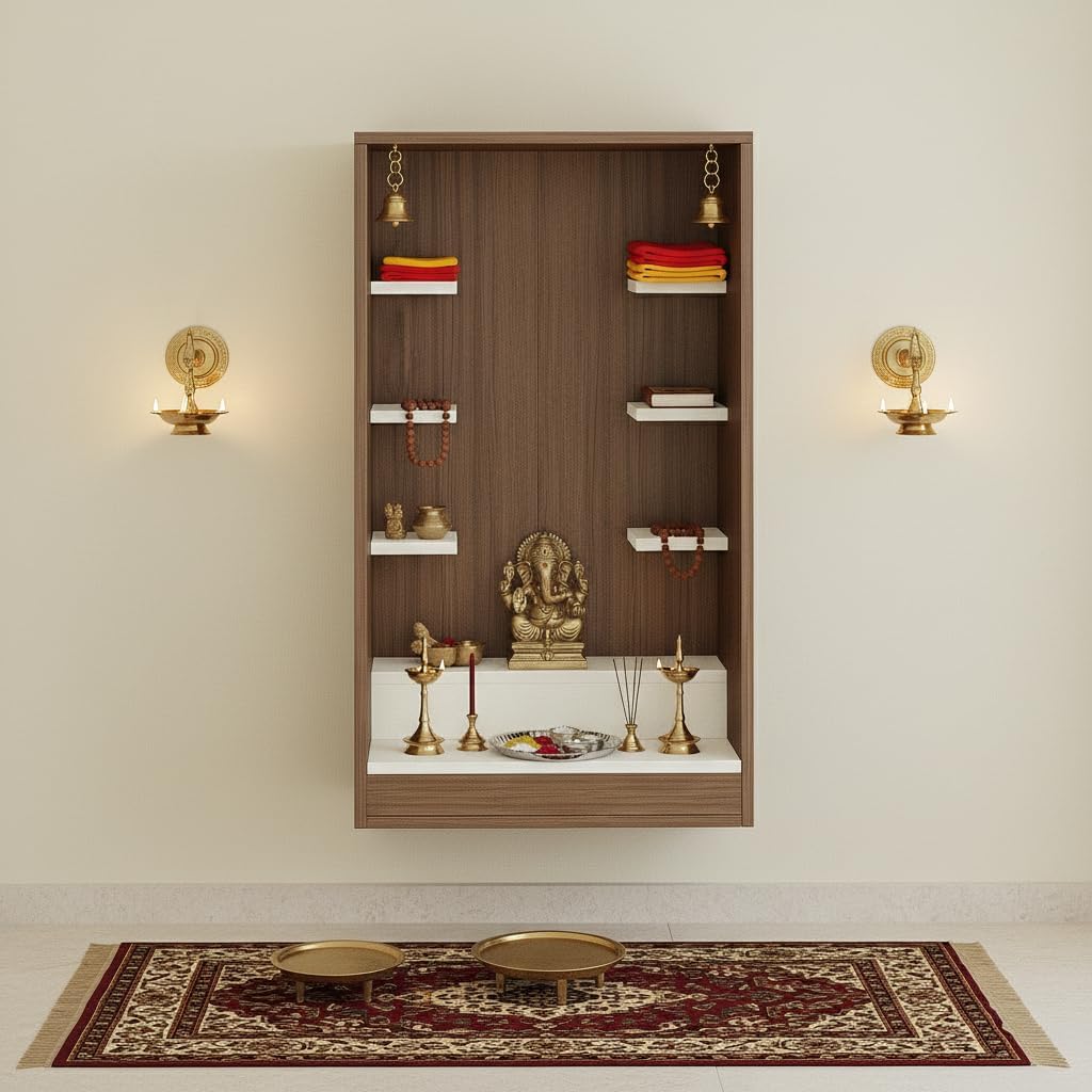 FURNEASER Ketki Wall Mounted Wooden Pooja Mandir for Home | Compact Temple Unit with Shelves for Idols & Frames | Engineered Wood | 85x50x28 cm (Exotic Teak & White)