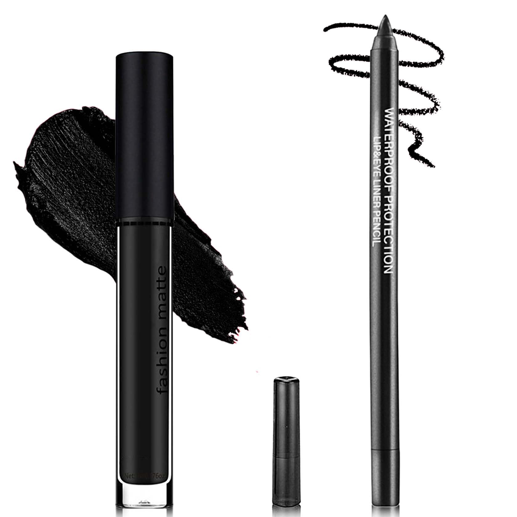 LZYLLS Black Lip Liner and Lipstick Set 2 PCS,High Pigmented Long Lasting Matte Black Liquid Lipstick for Women,Waterproof Black Lip Gloss & Non-Stick