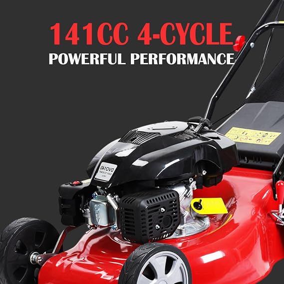 Self Propelled Gas Lawn Mower, 141cc 4-Stroke Gas Walk Behind Lawn Mower Tractor, Self Propelled Push Lawn Mower with 7-Position Height & 50L Grass Tank (Red 1)