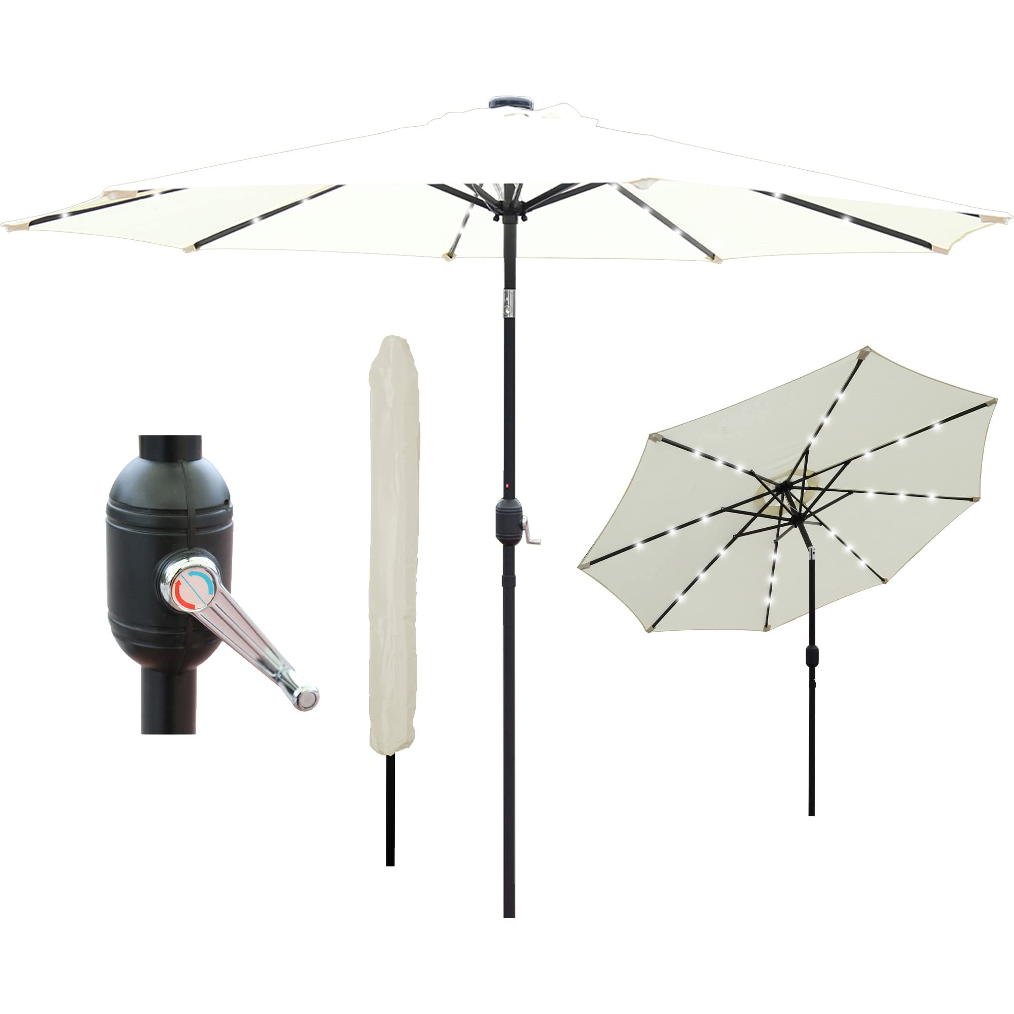 GlamHaus Garden Parasol Solar LED 2.7M,Tilting Table Umbrella with Crank Handle, Protection UV40, Includes Parasol Cover, Gardens and Patios - Sand, Grey, Cream, Green, Khaki