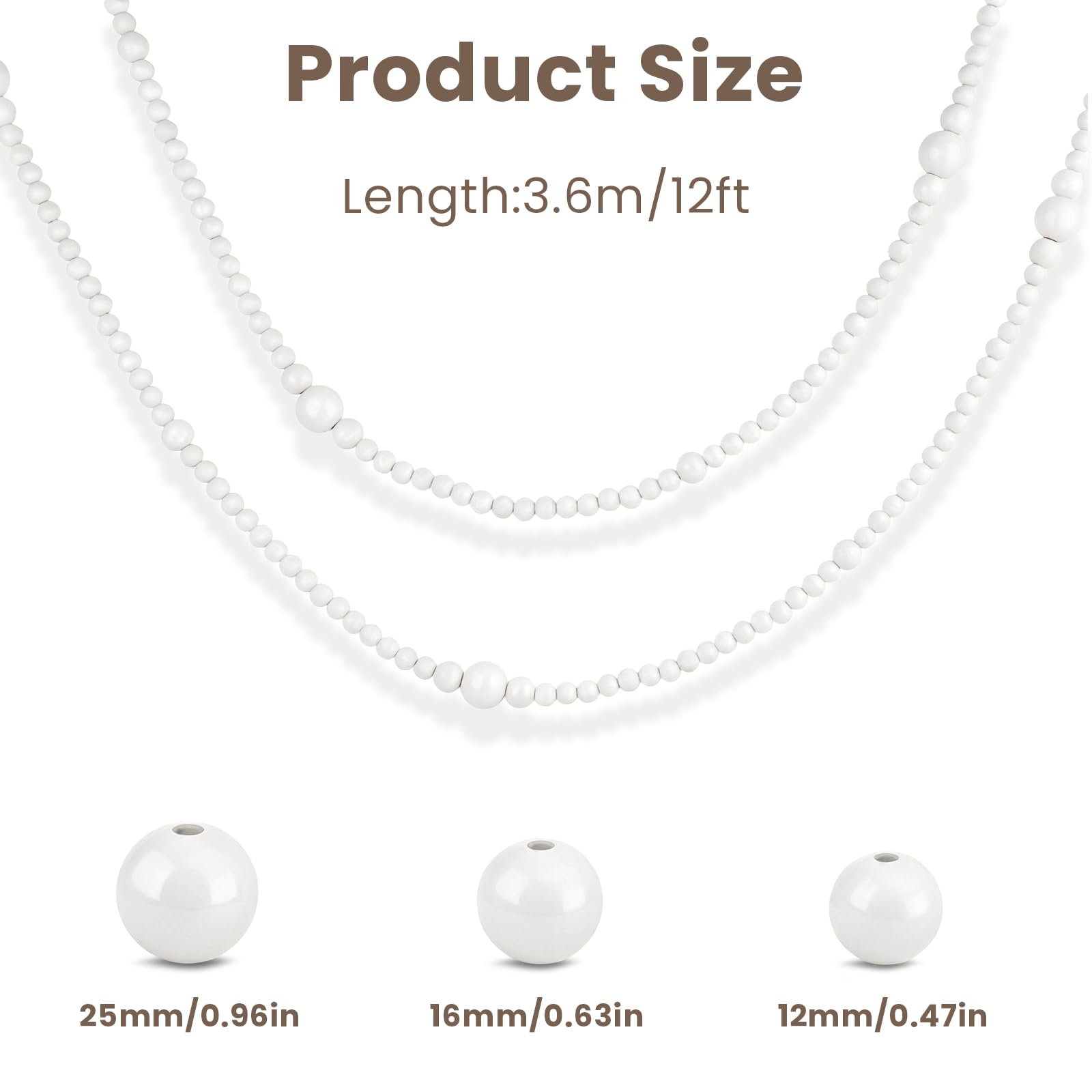 Lot de 2 guirlandes de perles en bois de Noël de 7,3 m – Décorations de style bohème pour sapin de Noël – Style rustique et rustique – Perles rondes à suspendre (blanc)