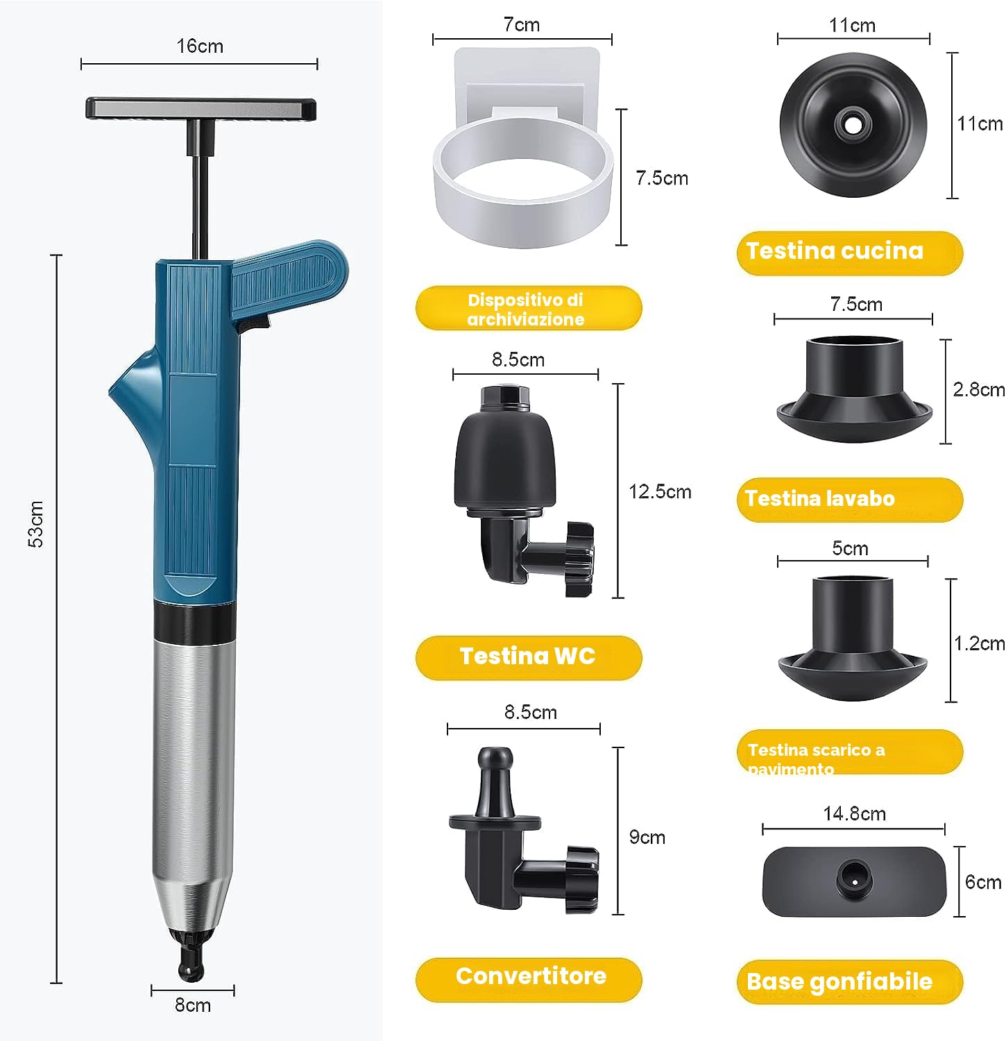 Stura wc,stura water,pompa stura scarichi wc a pressione, pistola stura wc, stantuffo per WC,stura lavandini e scarichi,sblocco lavandino da cucina e bagni/bidet (blu)