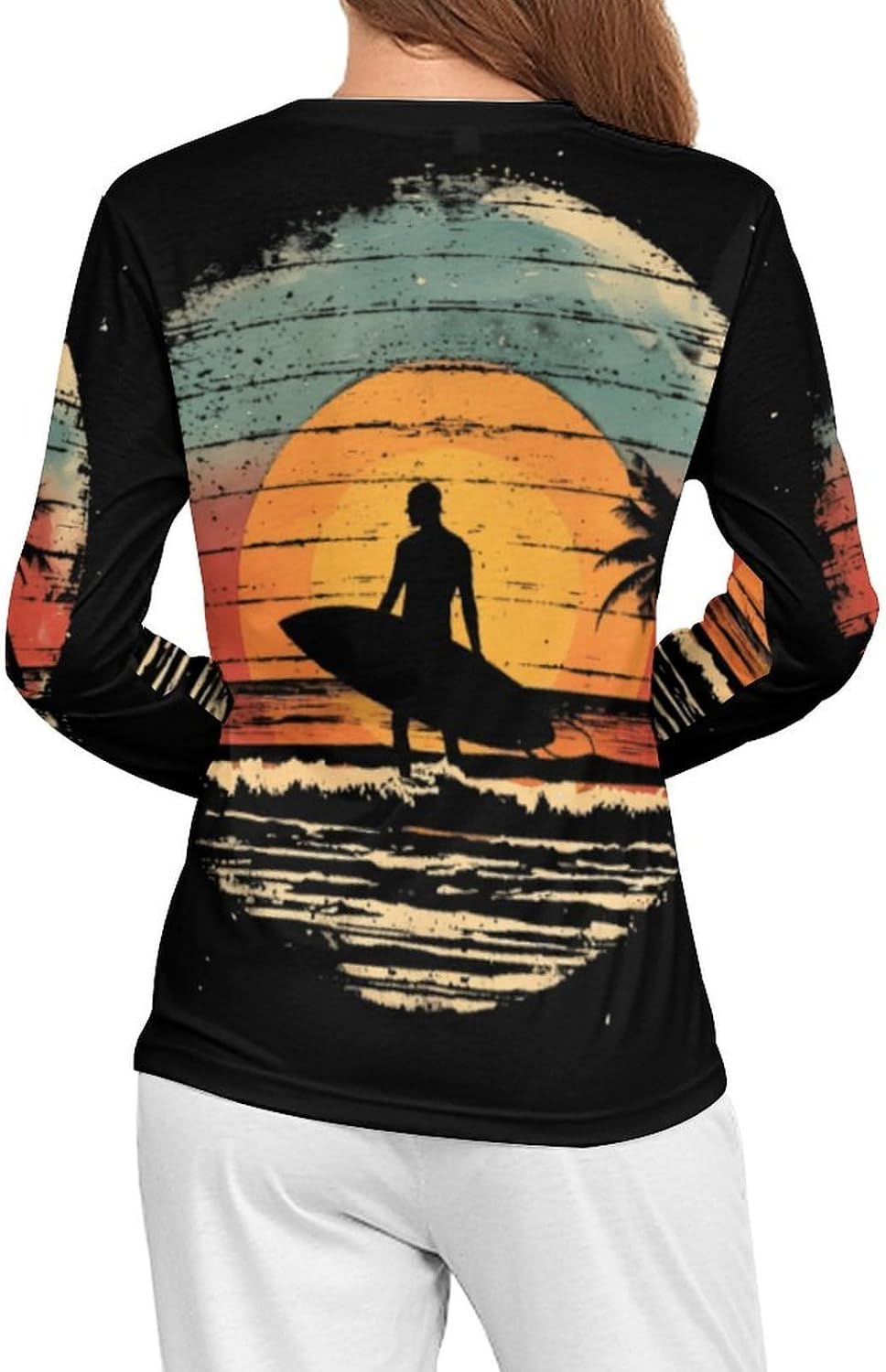 Vintage Sunset Surfing Women's Pajama Top Sleepwear Pajamas Sleep T-Shirt Long Sleeve Shirt Crewneck Tee