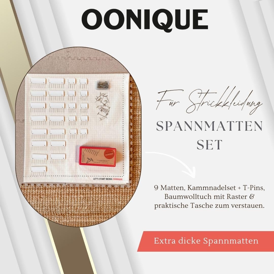 OONIQUE Zestaw mat napinających z siatką, igłami grzebieniowymi i szpilkami T – 9 mat, tkanina bawełniana 100 x 100 cm – idealne do robienia na drutach i szydełkowania