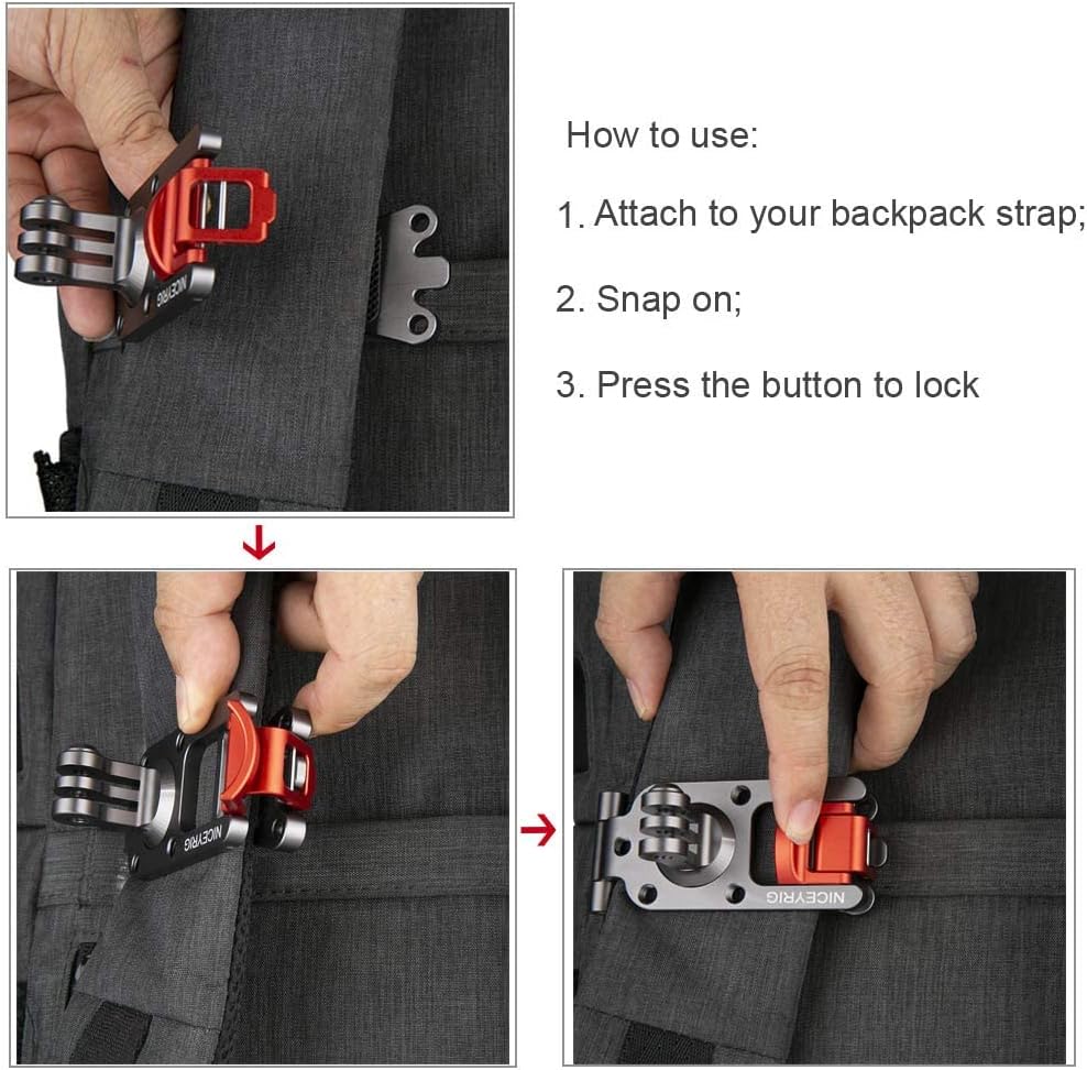 NICEYRIG Backpack Mount Clamp for GoPro Hero 11/10/9/8/7/6, DJI Osmo Action 4, Universal Backpack Strap Mounting Clip [ Aluminum Alloy ] - 338
