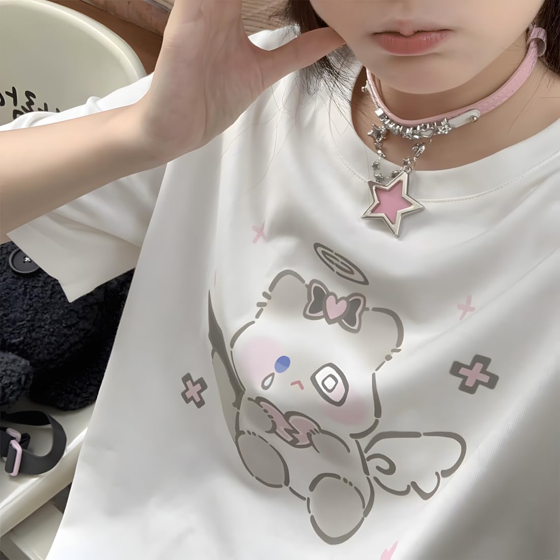 Harajuku Kawaii Fashion Casual Style Crew Neck Short Sleeve Cute Cartoon Angel Kitty Graphic Print T-Shirt - Image 6