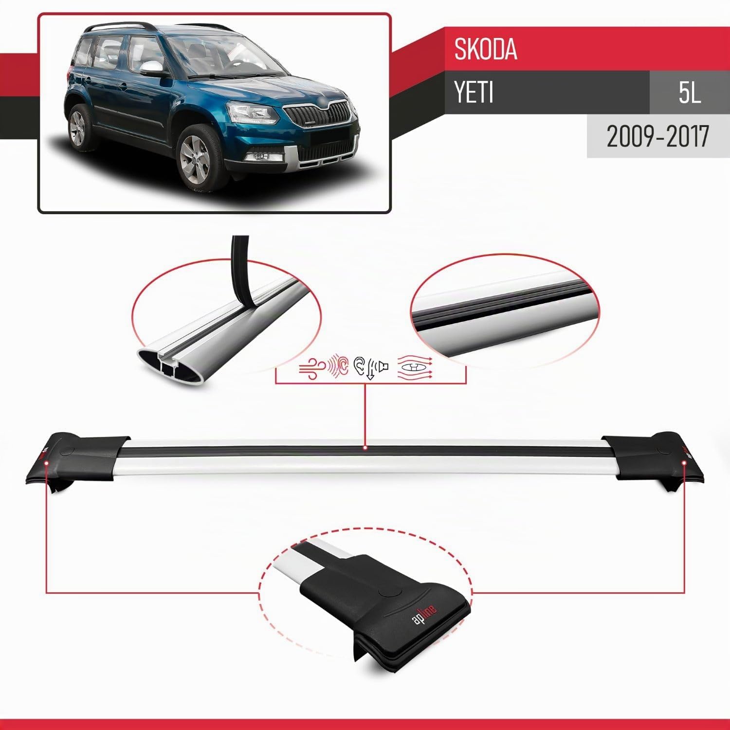 Compatible con Skoda Yeti (5L) 2009-2017 Modelo Fly Barra de Techo Auto Portaequipajes Barras Transversales Gris Aluminio 2 Barras