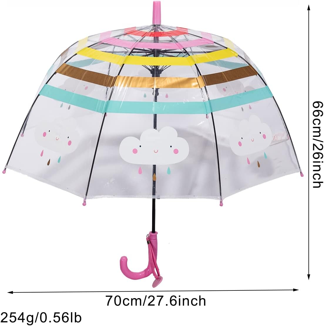 ThreeH Children's Rainbow Umbrella Arched Automatic Transparent Dome Bubble Umbrella with Cute Cartoon Clouds 8 Ribs for Boys and Girls,Pink