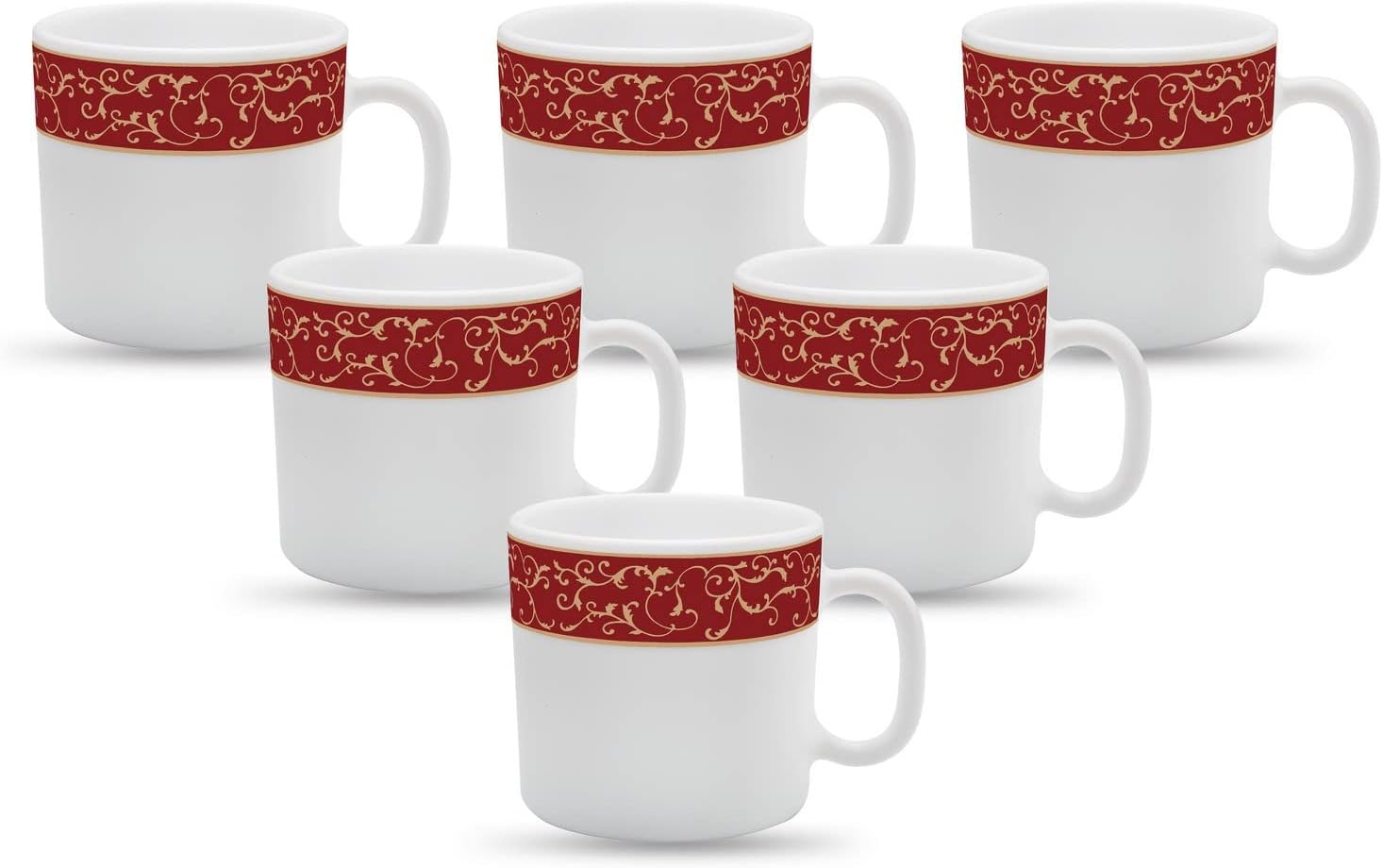 Diva, Sovrana Collection, Opal Glass Coffee Mug Set 6 pcs, Anassa Red, White