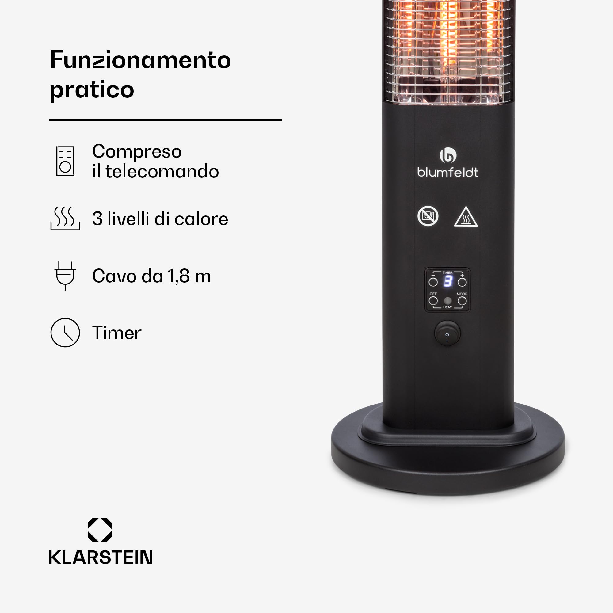 blumfeldt Heat Guru Plus - Radiatore di Calore in & out, 1200 Watt, Timer 9 Ore, Elemento Riscaldante al Carbonio, 3 Livelli, Alloggiamento con Lega di Alluminio Anodizzato, Nero