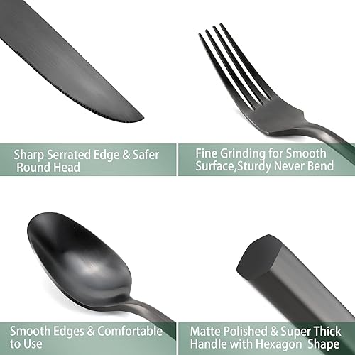 Miniatura 3 de DEACORY - Juego de cubiertos de acero inoxidable mate, juego de cubiertos de 20 piezas con mango hexagonal cepillado, acabado en negro mate, apto