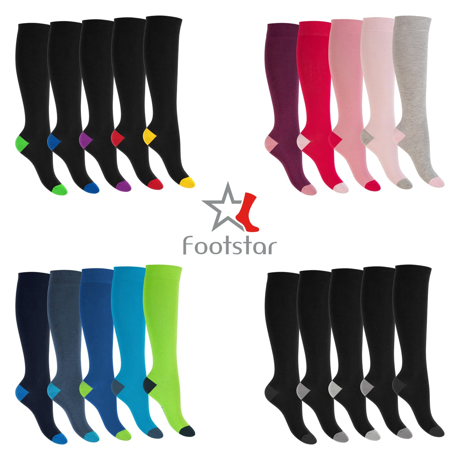 Footstar Kinder Baumwoll Kniestrümpfe (5 Paar) mit abgesetzter Ferse und Spitze