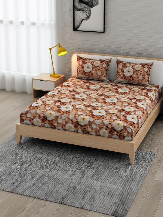 Image of Double Bed Fitted Bedsheet with 2 Pillow Covers | 7D Printed Bedsheet | Soft Cotton Feel, Wrinkle Free & Fade Resistant | Elastic Fit (Grey Peach 7D, Fitted - Double72x72)